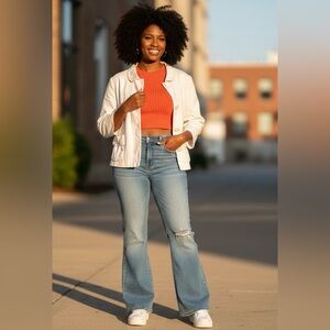 LARRY LEVINE STRETCH White Cropped Denim Button-Up Flared Blazer w/ Bow Pockets